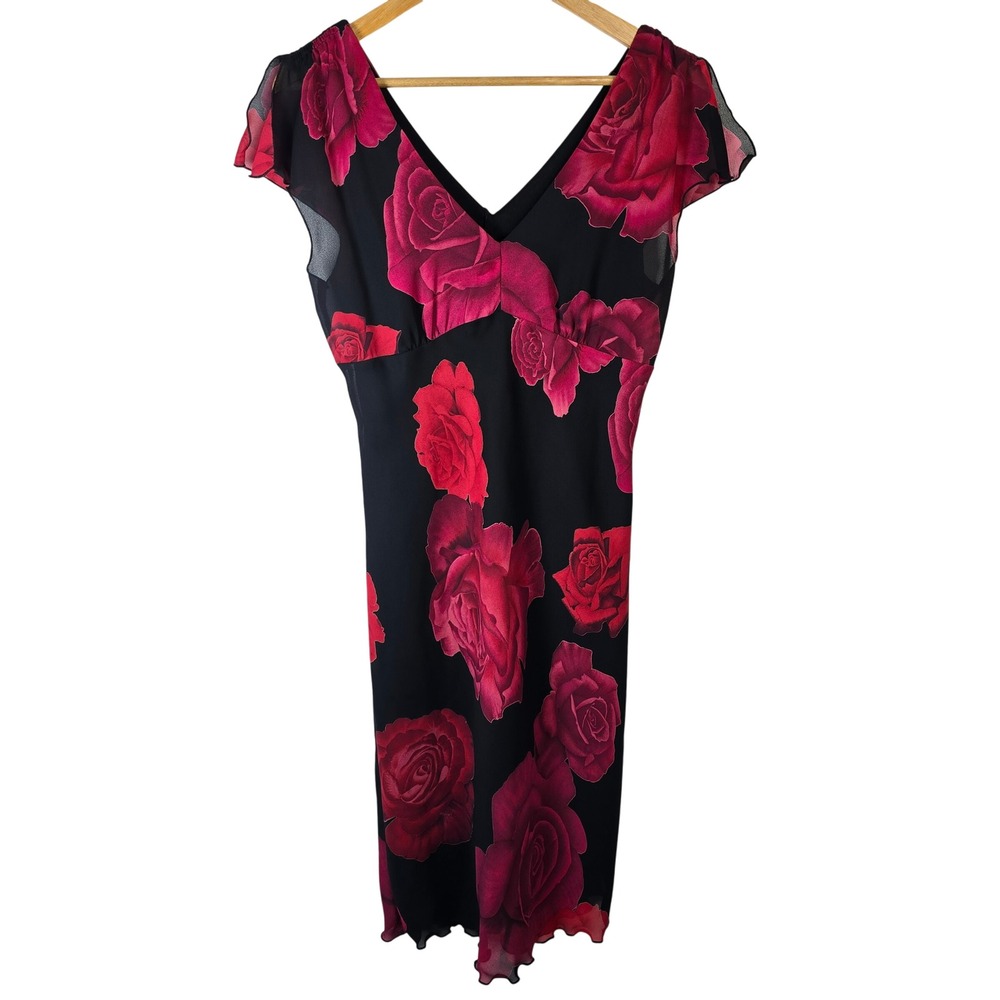 My‎ Michelle Black Red Rose Floral Sheer Overlay V Neck Dress Size 10